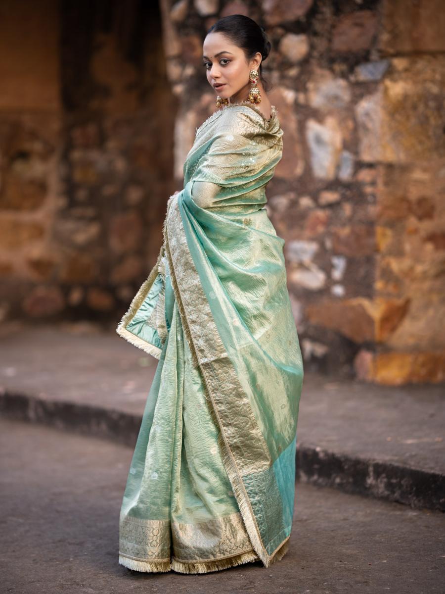Mint Green Crushed Tissue Silk Saree