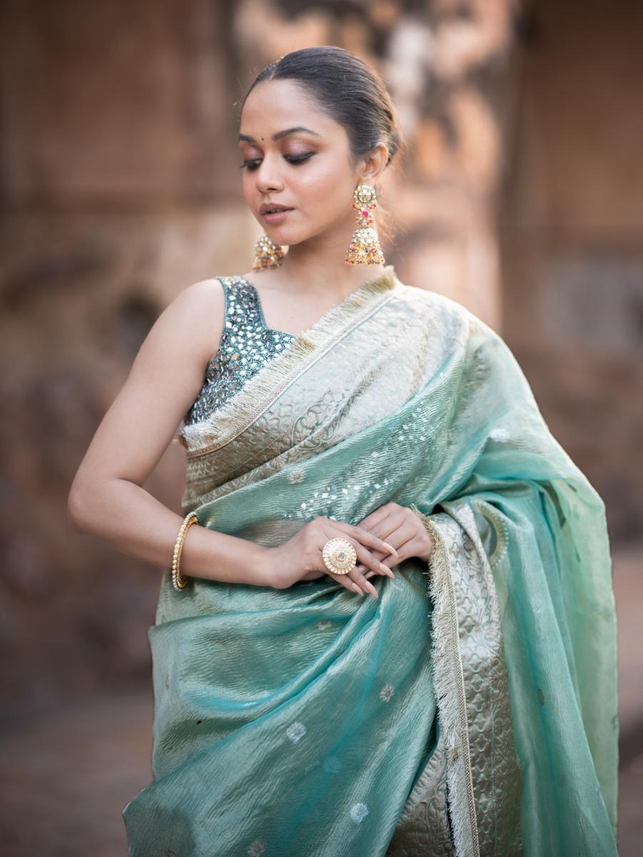 Mint Green Crushed Tissue Silk Saree