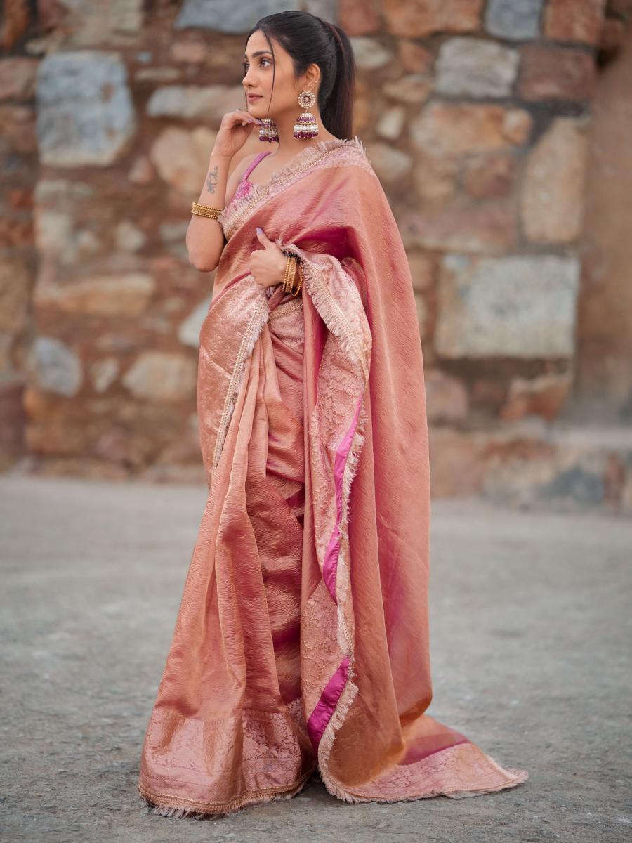 Pink Crushed Tissue Silk Saree