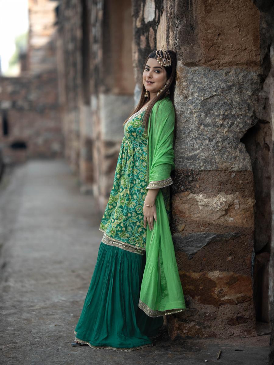 Green Chinnon Chiffon Garara Set - Set of 3