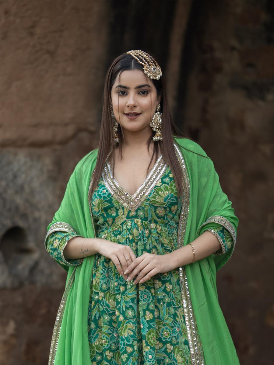 Green Chinnon Chiffon Garara Set - Set of 3