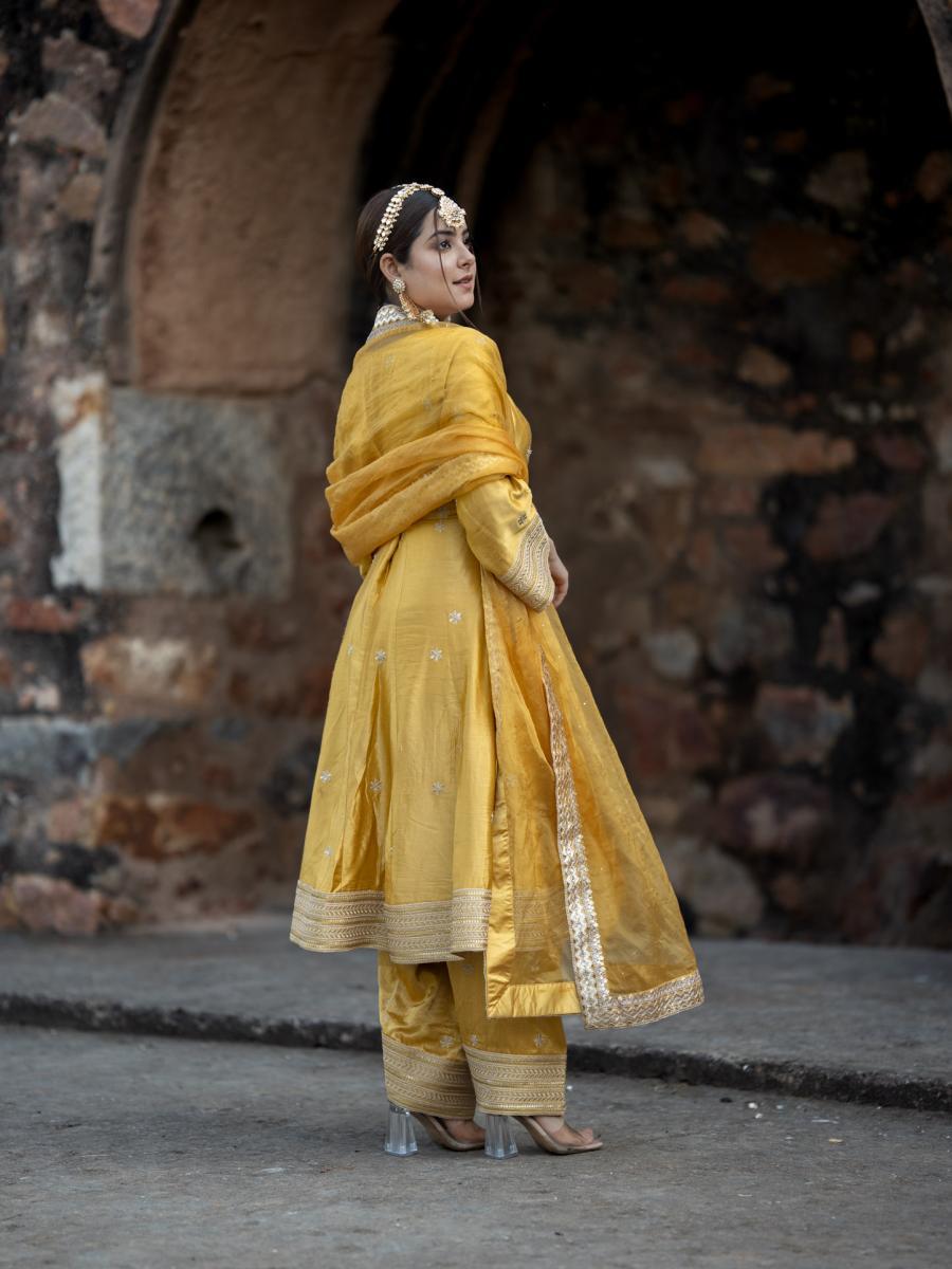 Yellow Gold Pure Gajji Silk Kurta - Set of 3