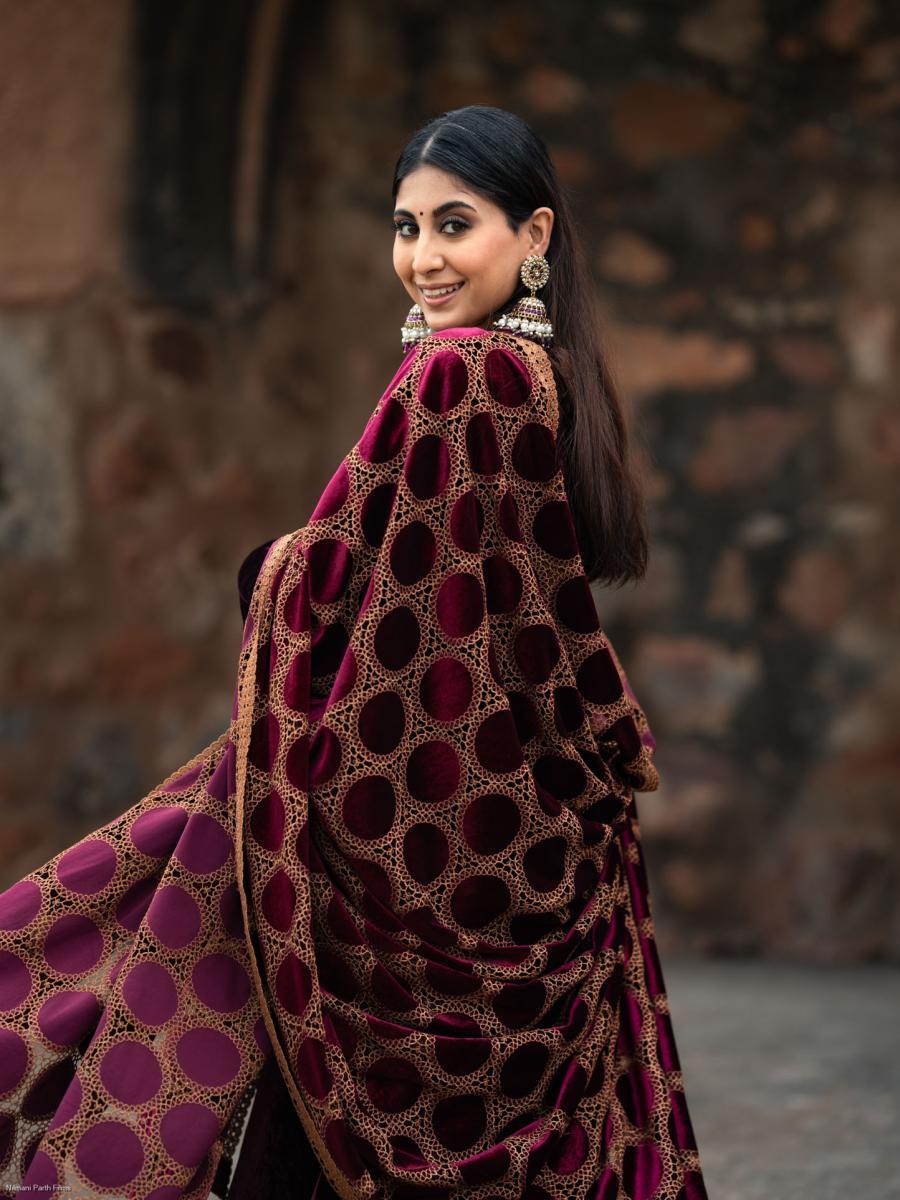 Maroon Silk Velvet Kurta Set - Set of 3