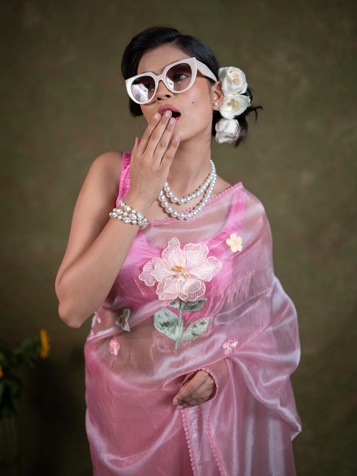 Blush Pink Tissue Silk Embroidery Saree
