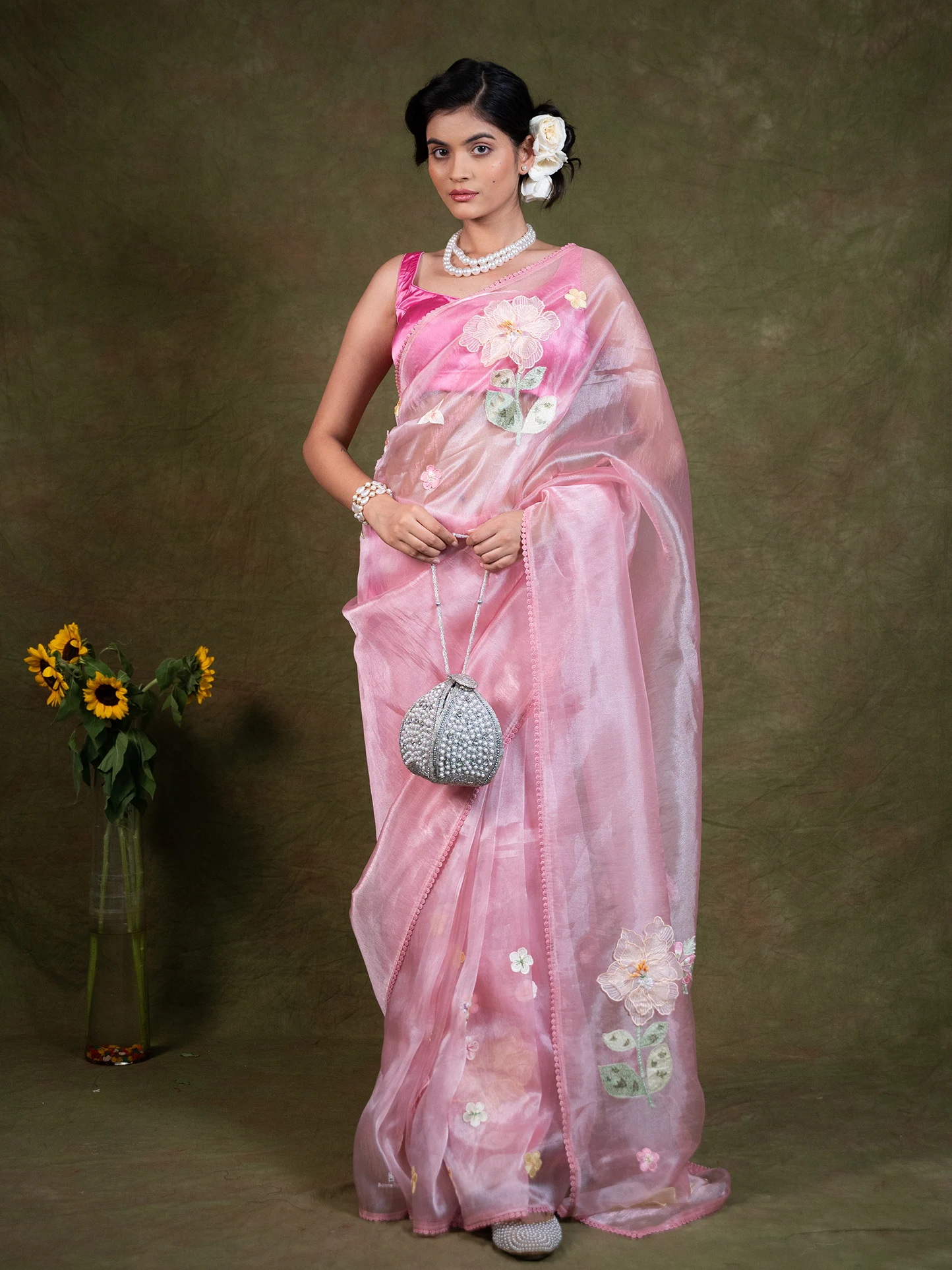 Blush Pink Tissue Silk Embroidery Saree