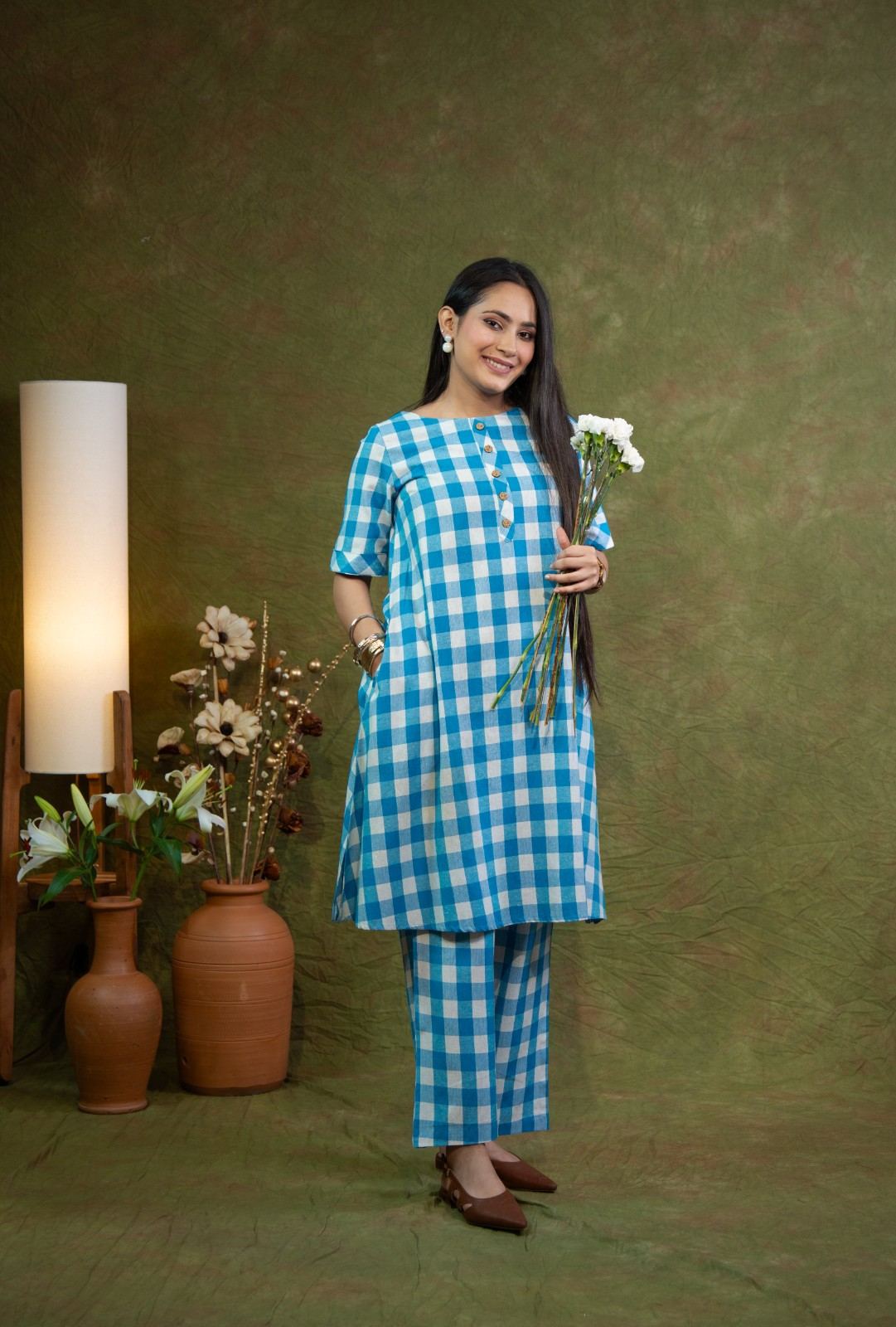 Blue and White check cord set