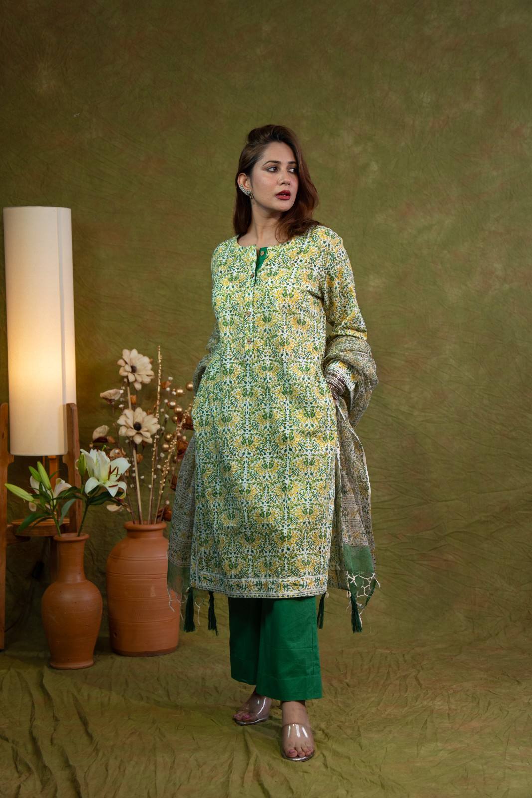 Yellow Green Morpankhi Kurta Set