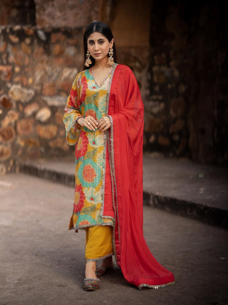 Yellow Chinnon Chiffon Kurta Set - Set of 3