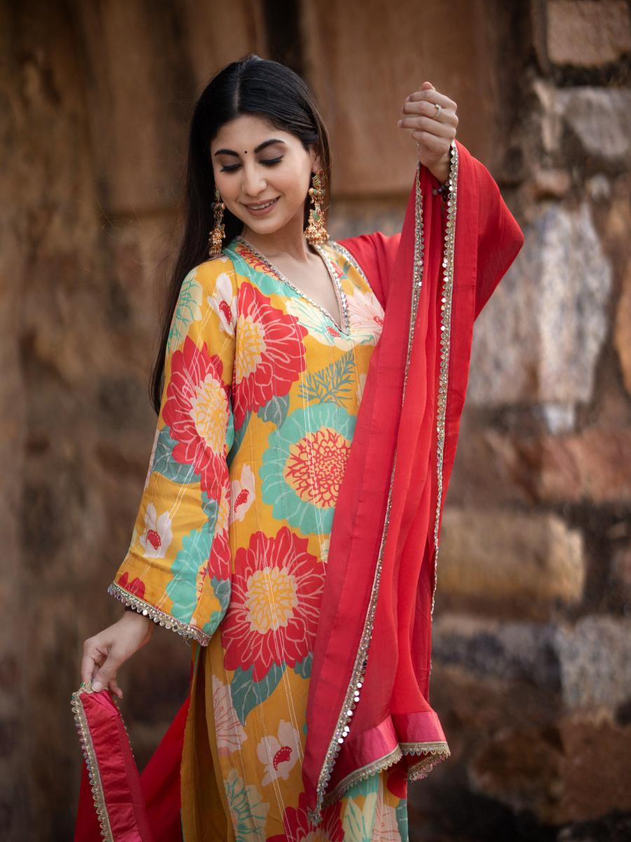 Yellow Chinnon Chiffon Kurta Set - Set of 3