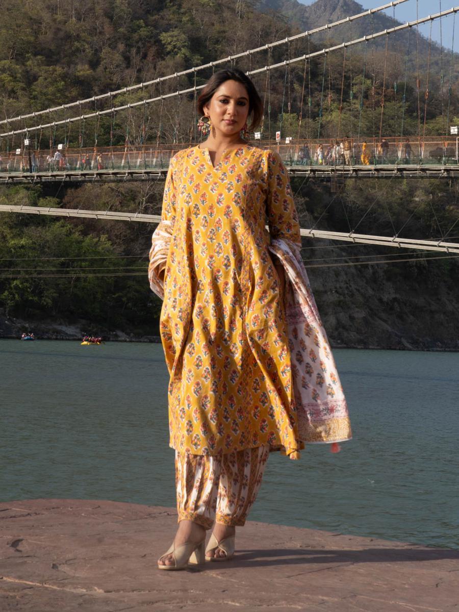 Bahaar Hand Block Printed Kurta Afghani Salwar Set