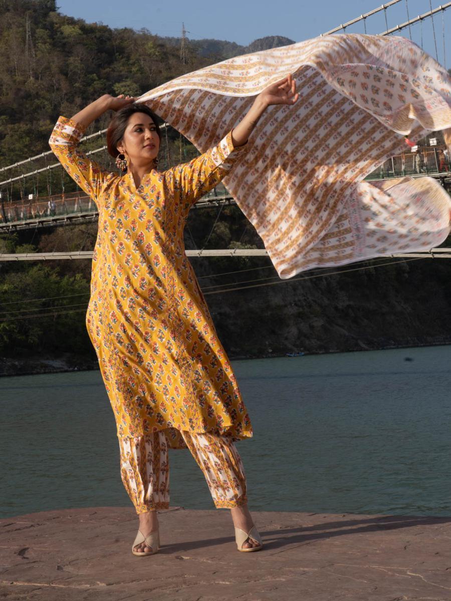 Bahaar Hand Block Printed Kurta Afghani Salwar Set