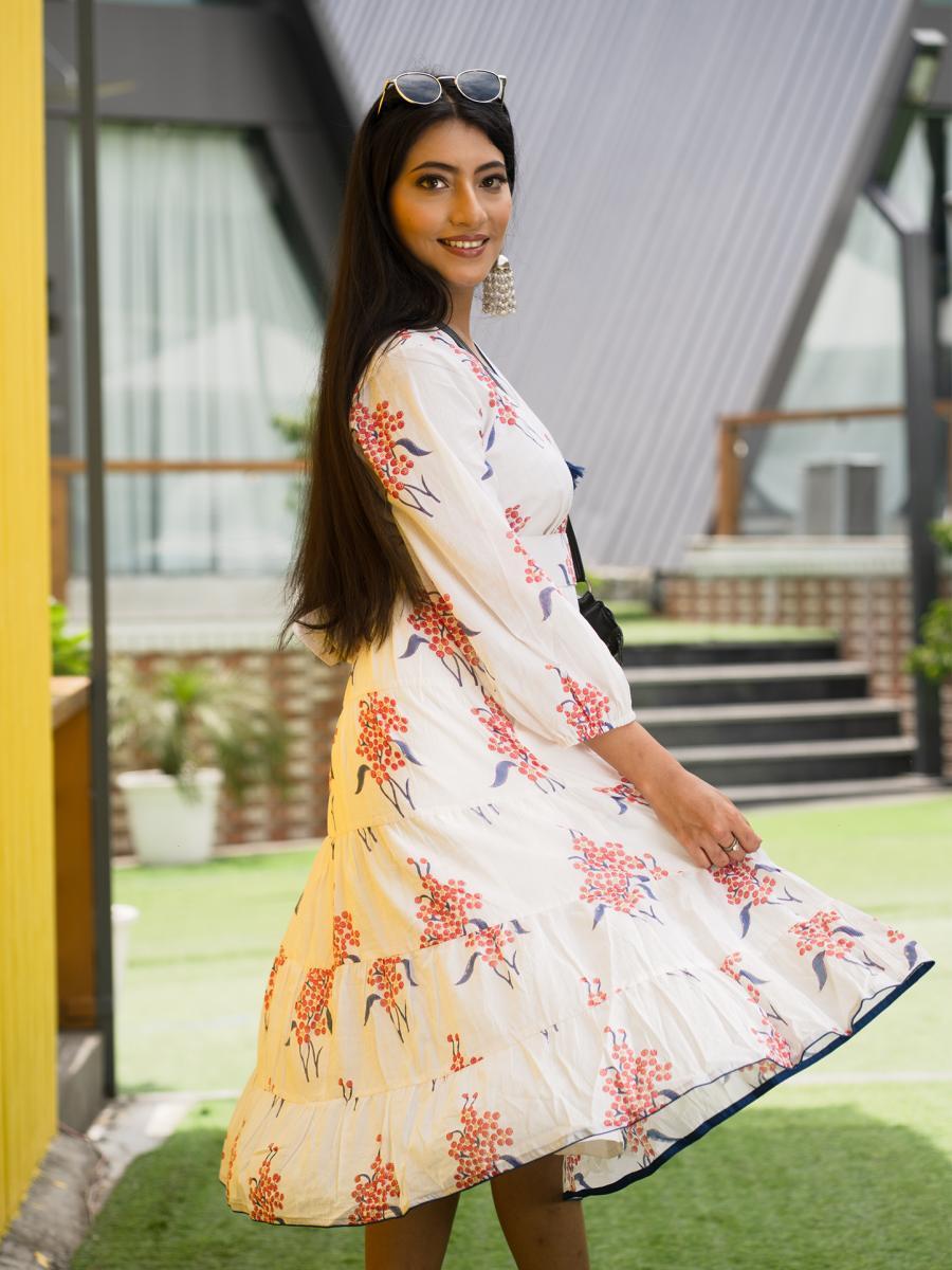 Safeed Hand Block Printed Tiered Dress with Belt