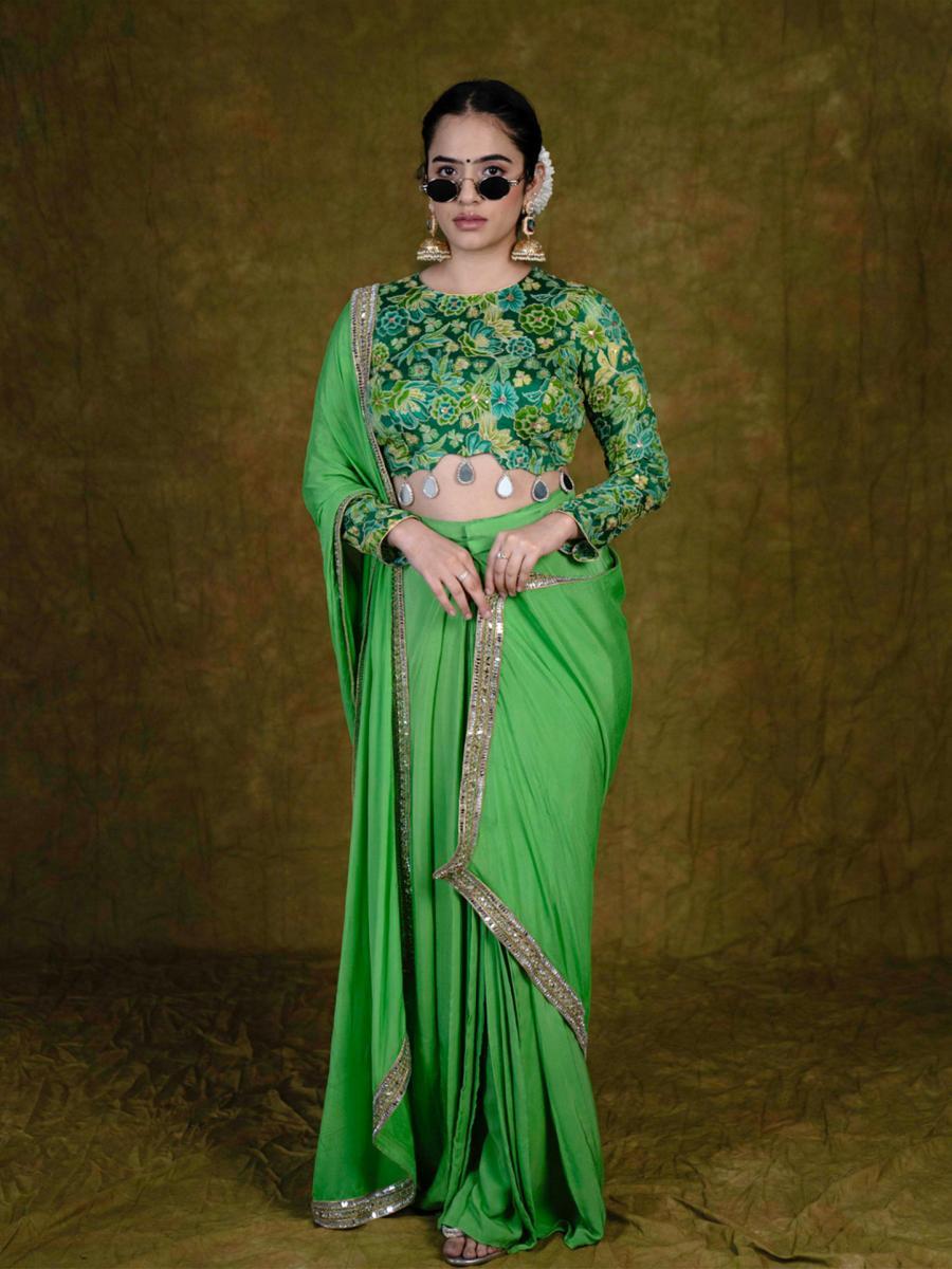 Green Floral Blouse and Pleated Long Skirt with Dupatta