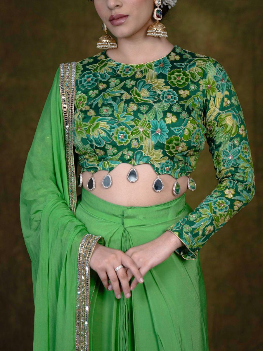 Green Floral Blouse and Pleated Long Skirt with Dupatta