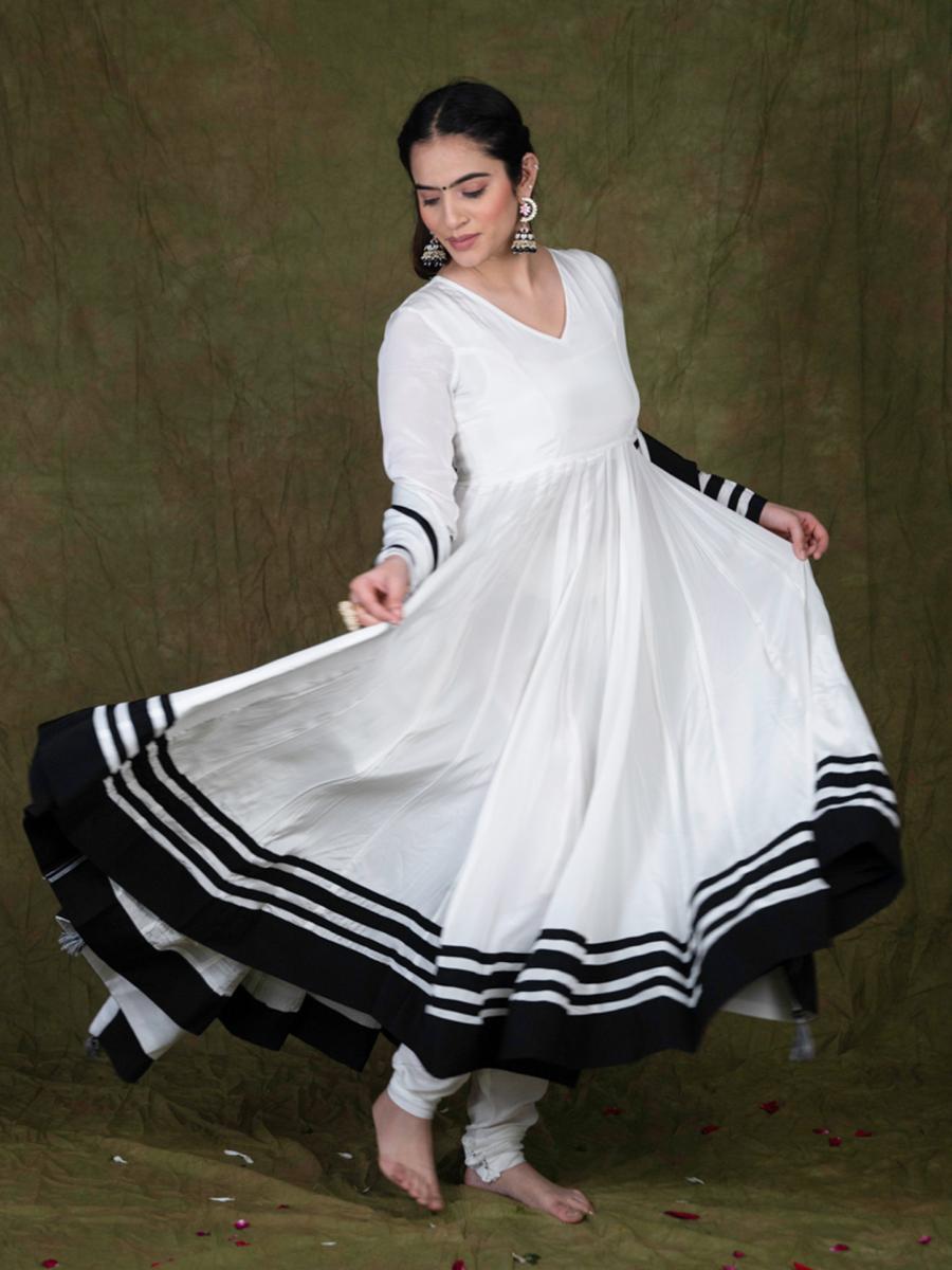 White and Black Anarkali Churidar Kurta Set