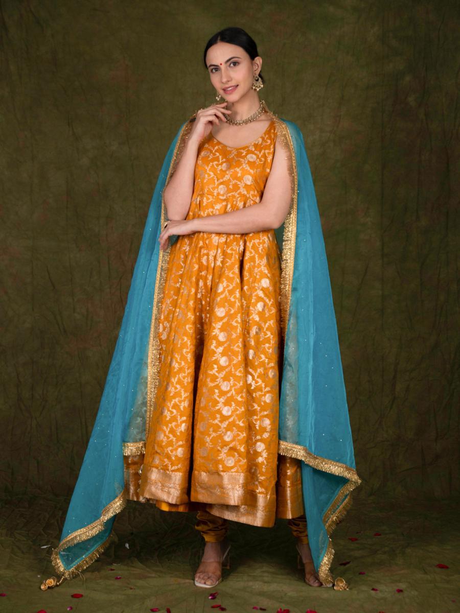 Basant Anarkali Set with Blue Organza Dupatta