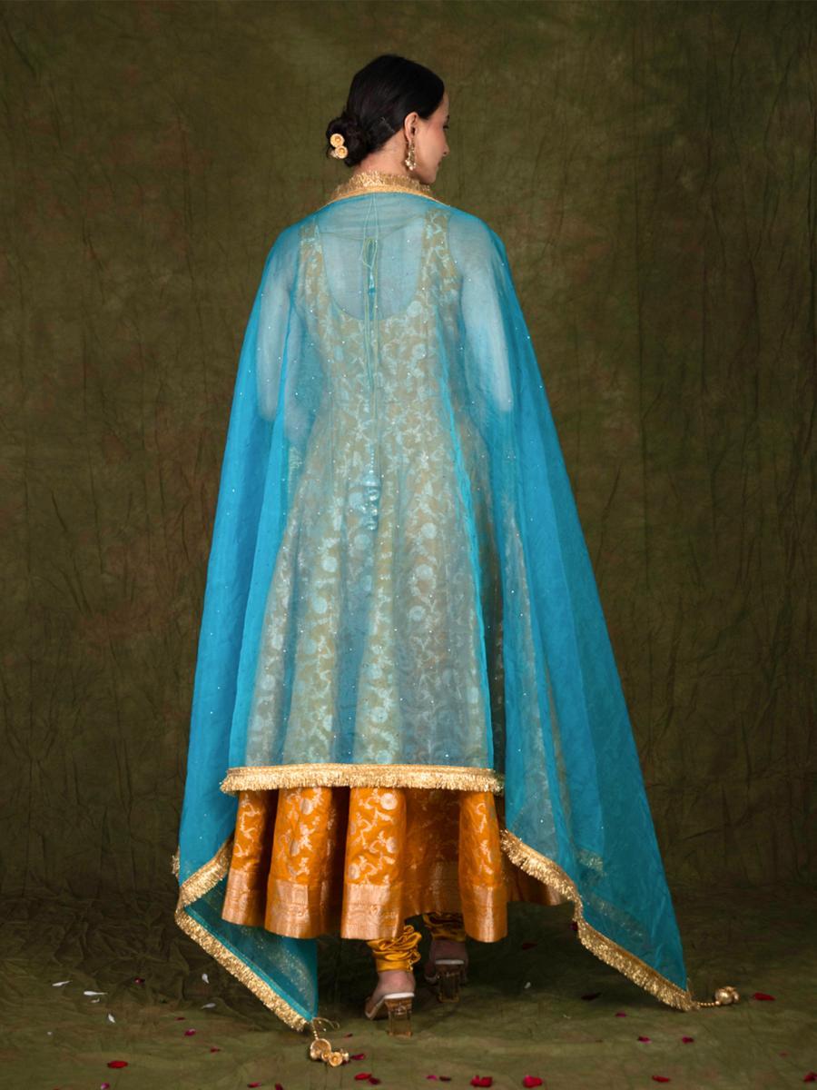 Basant Anarkali Set with Blue Organza Dupatta