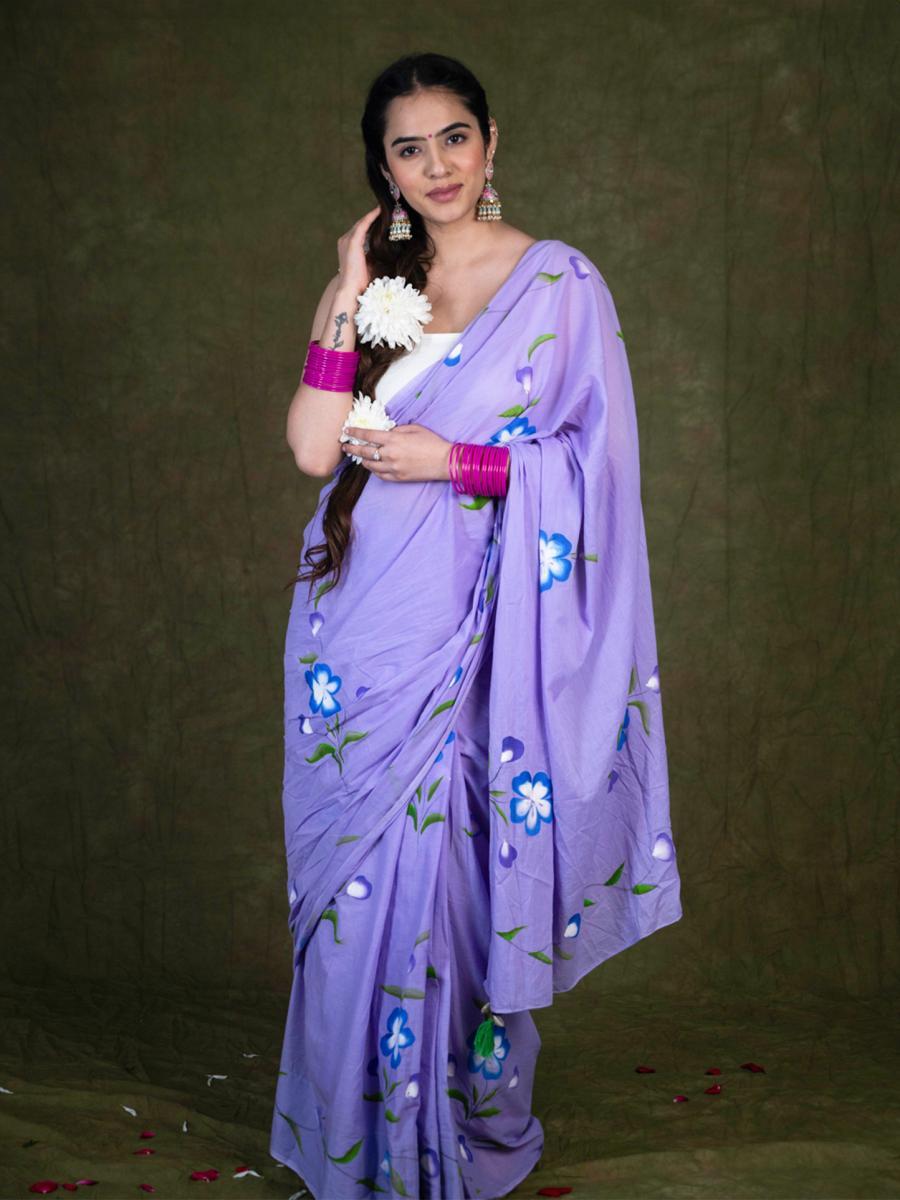 Purple Handpainted Cotton Mulmul Saree