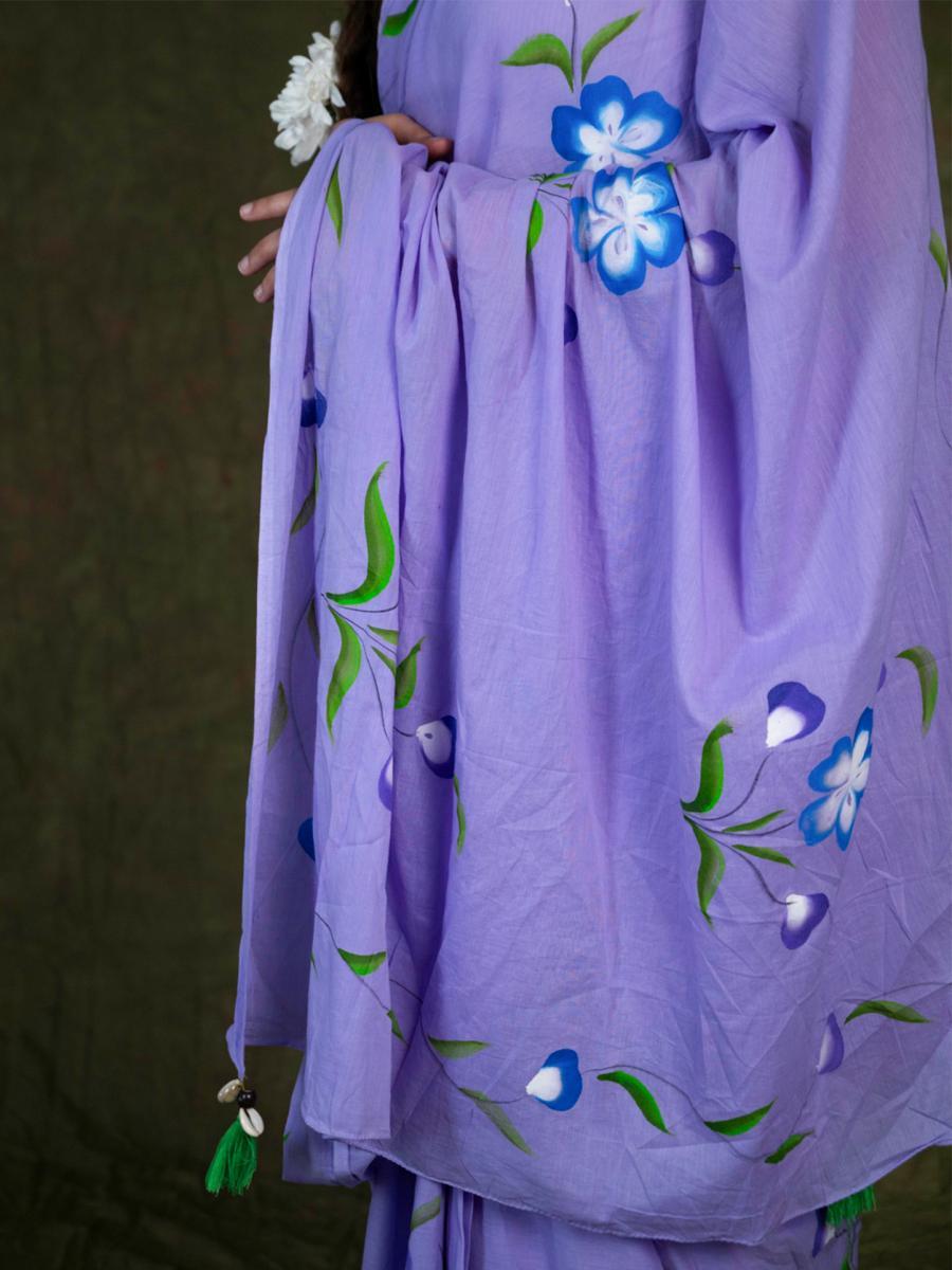 Purple Handpainted Cotton Mulmul Saree