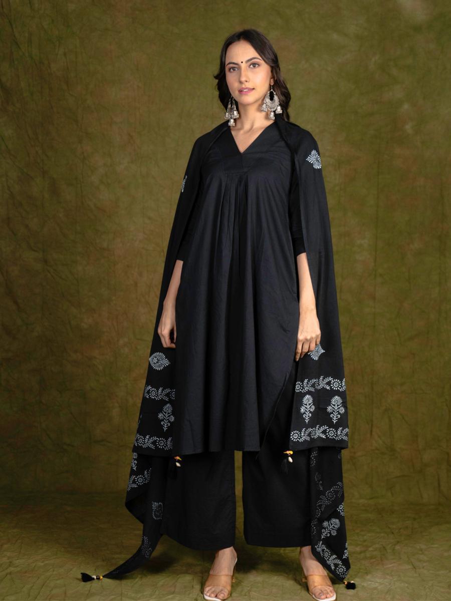 Black Cotton Kurta Set with Hand Block Printed Dupatta