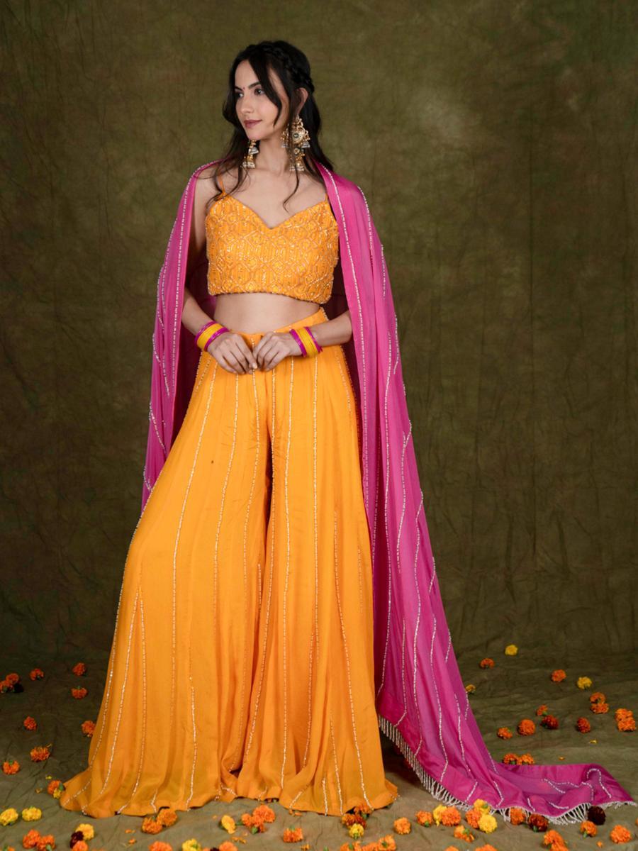 Yellow Crop Top and Sharara Set with Pearl Embroidery Dupatta