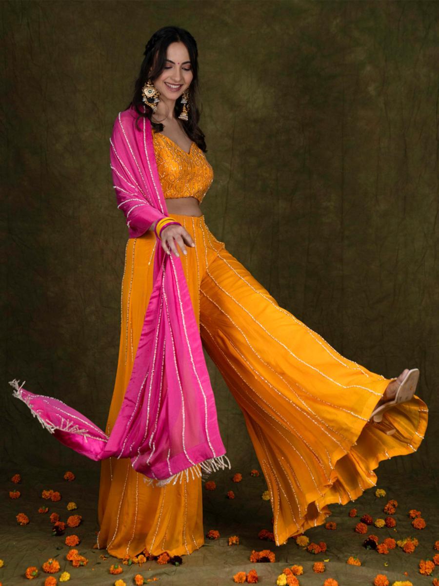 Yellow Crop Top and Sharara Set with Pearl Embroidery Dupatta