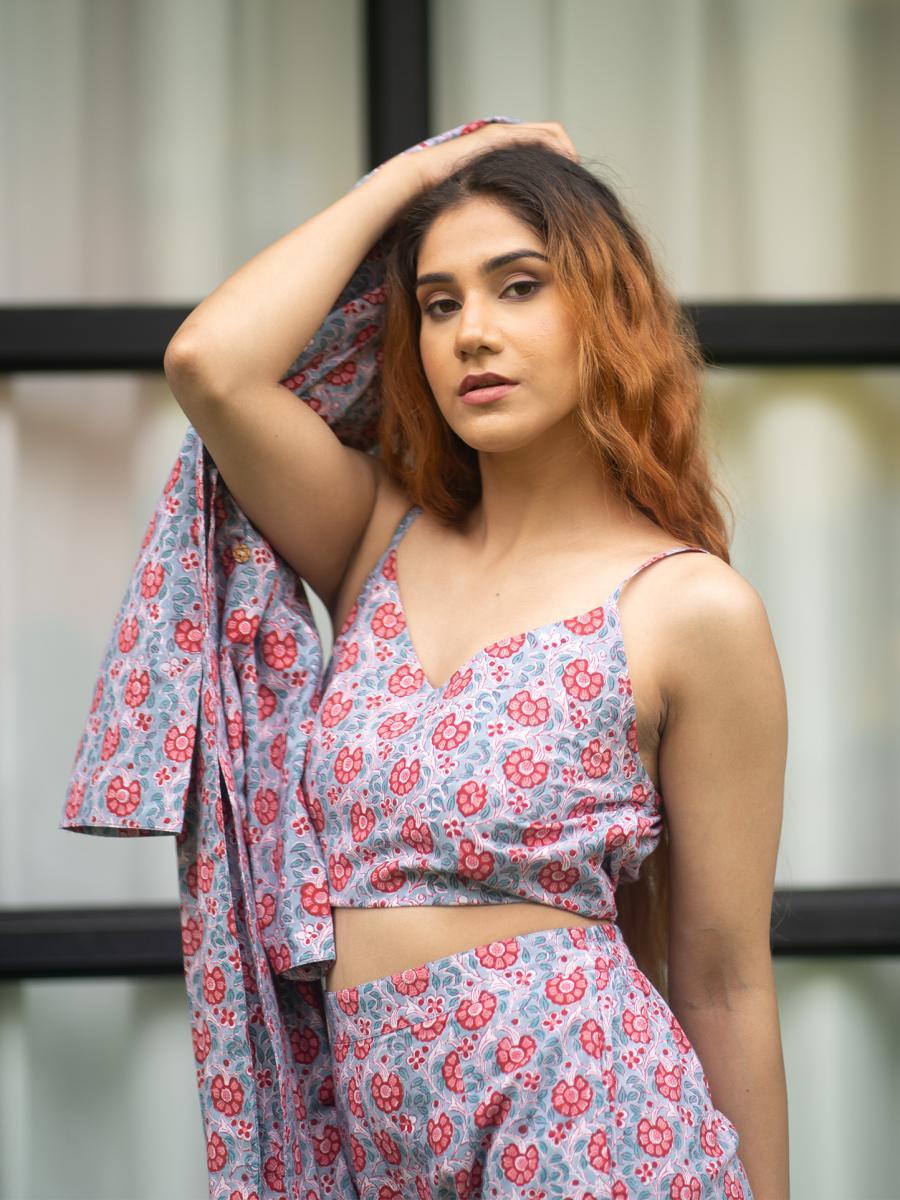 Hand Block Printed Long Jacket with Pants and Crop Top