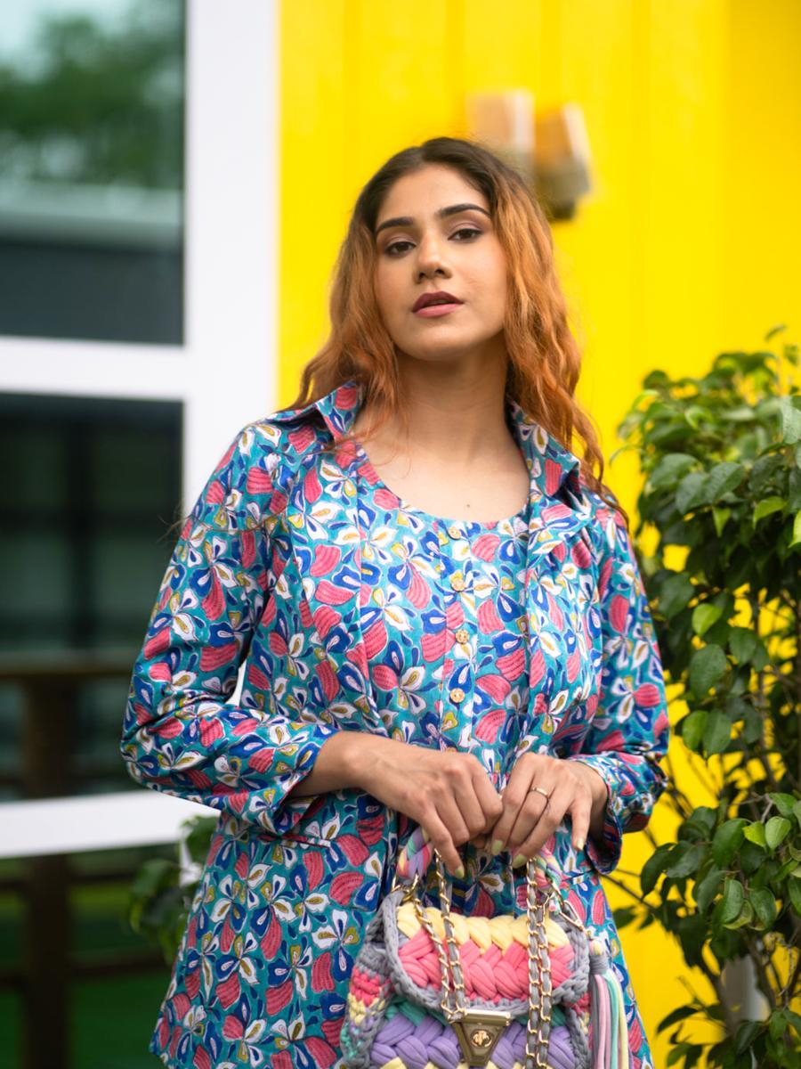 Butterfly Hand Block Printed Dress with Jacket