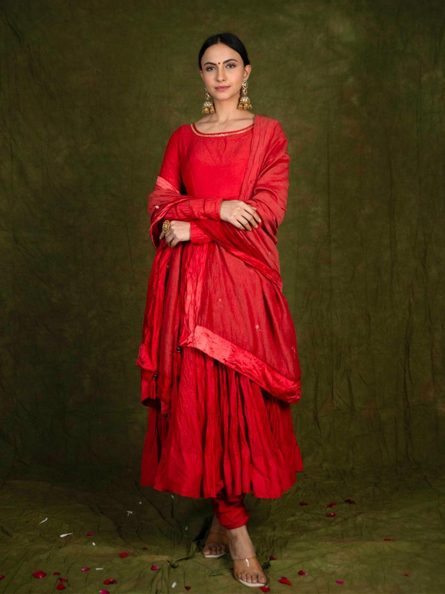 Soorkh Laal Silk Anarkali Churidar Kurta Set
