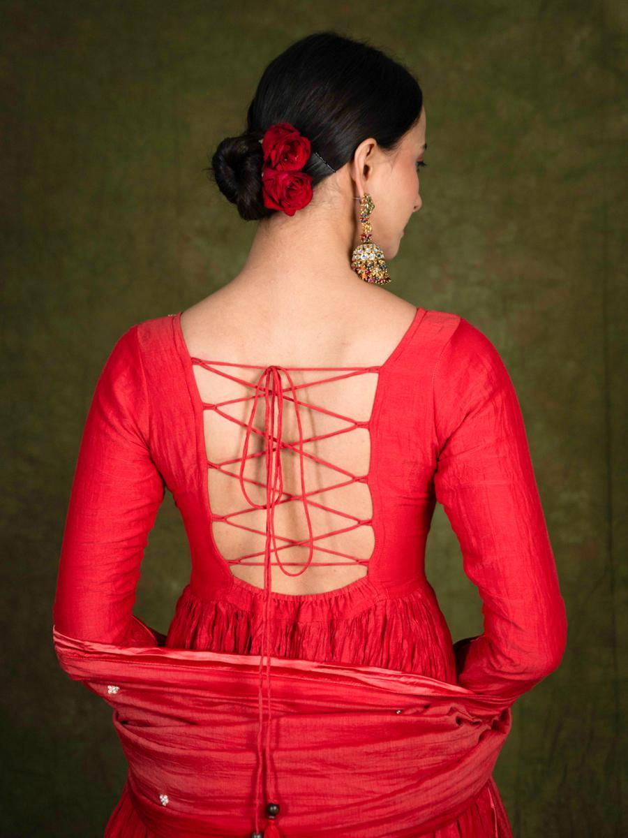 Soorkh Laal Silk Anarkali Churidar Kurta Set