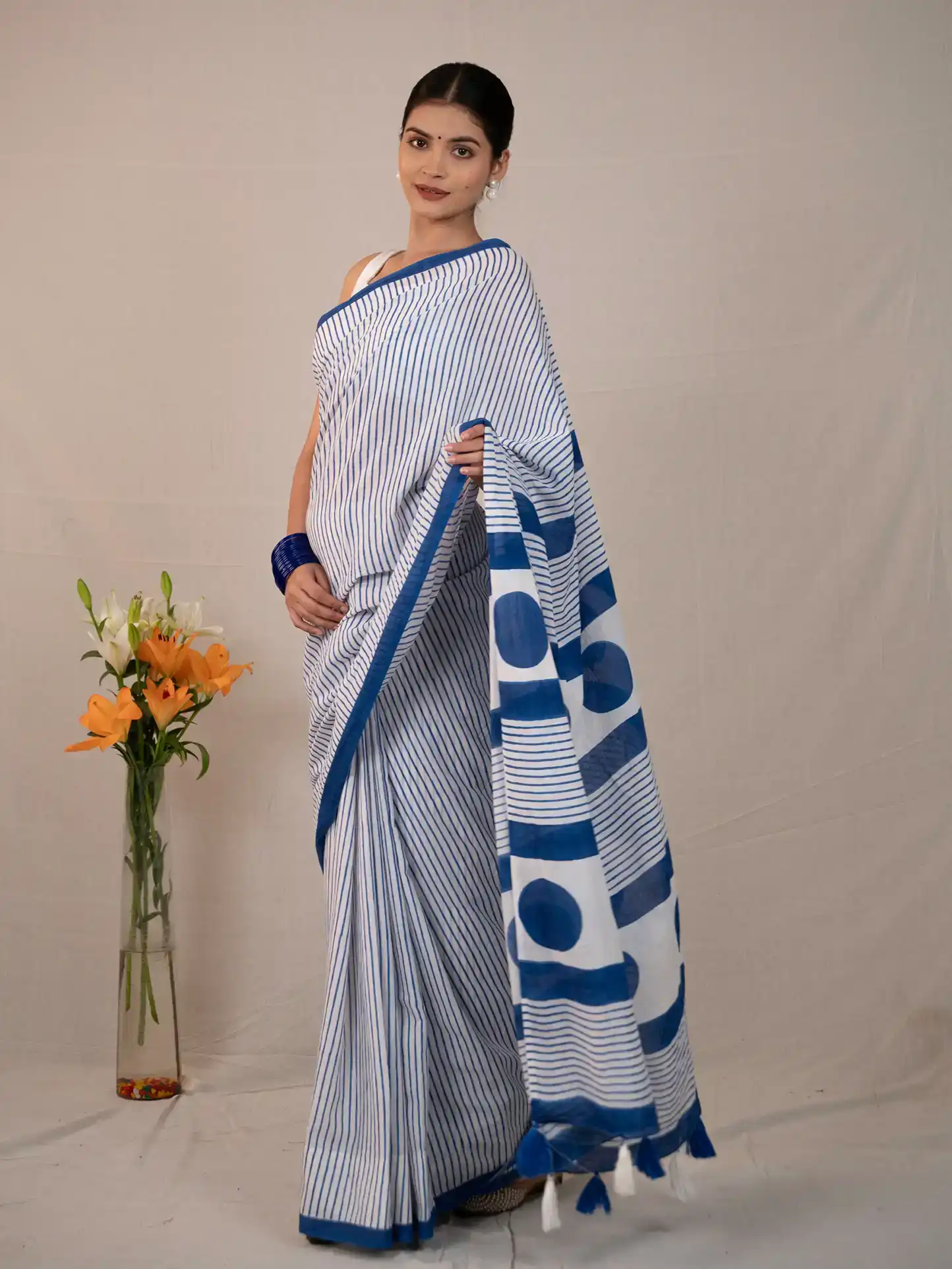 Blue Polka Mulmul Cotton Hand Block Saree