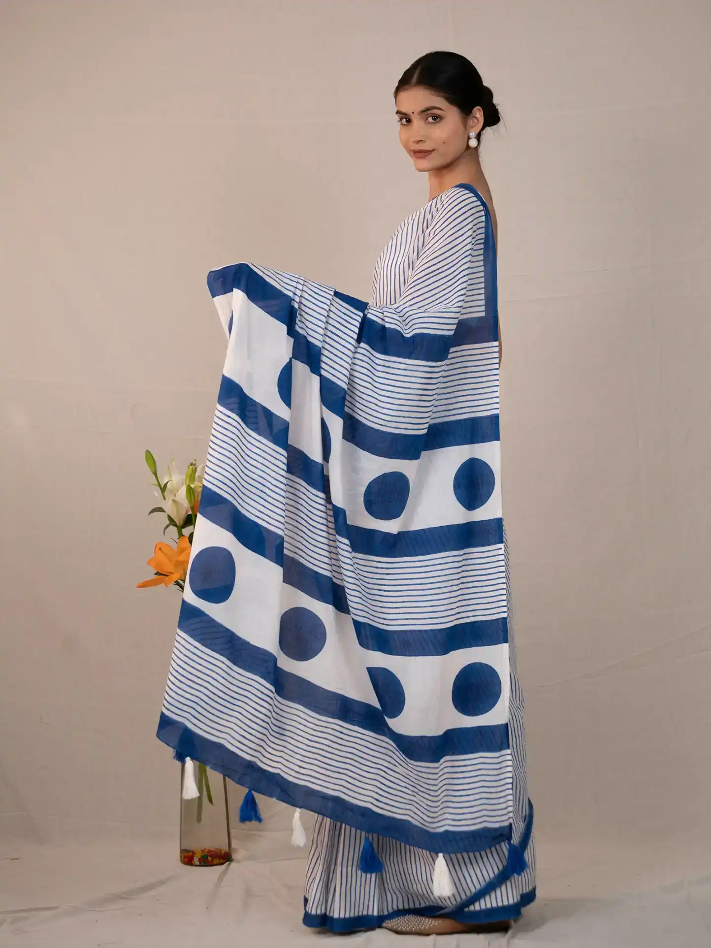 Blue Polka Mulmul Cotton Hand Block Saree