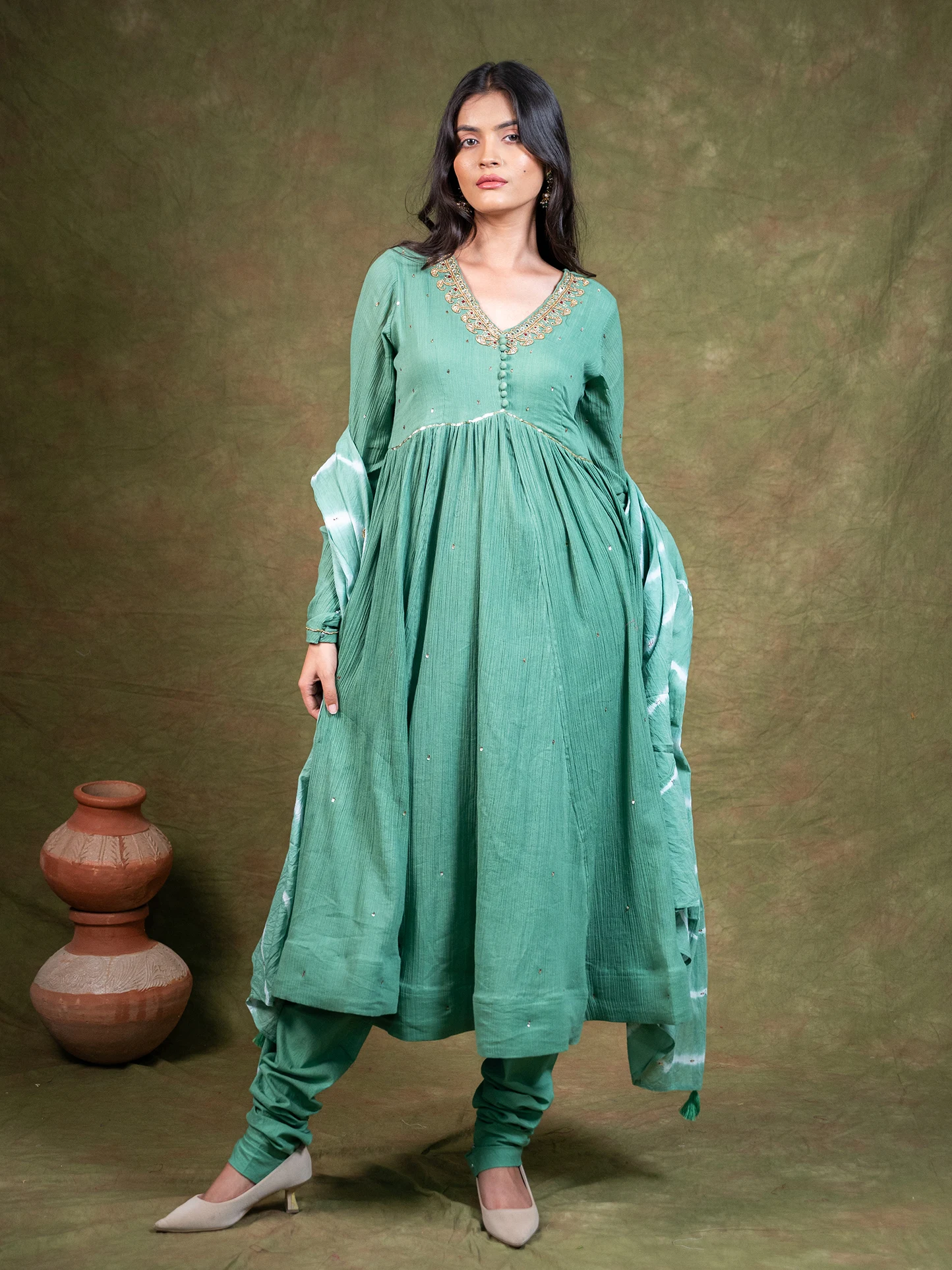 Pistachio Green Anarkali Kurta Set with Lehriya Dupatta