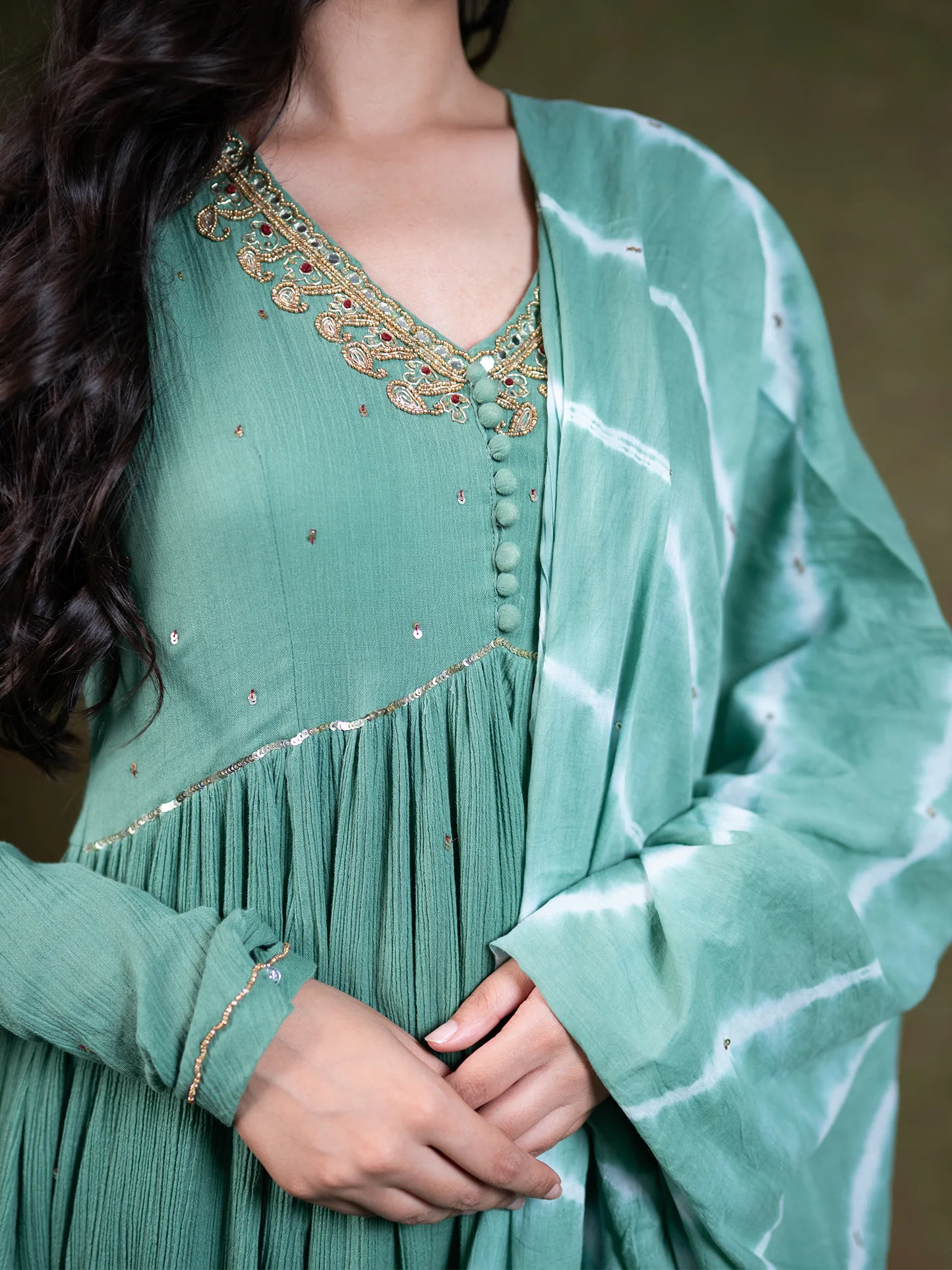 Pistachio Green Anarkali Kurta Set with Lehriya Dupatta