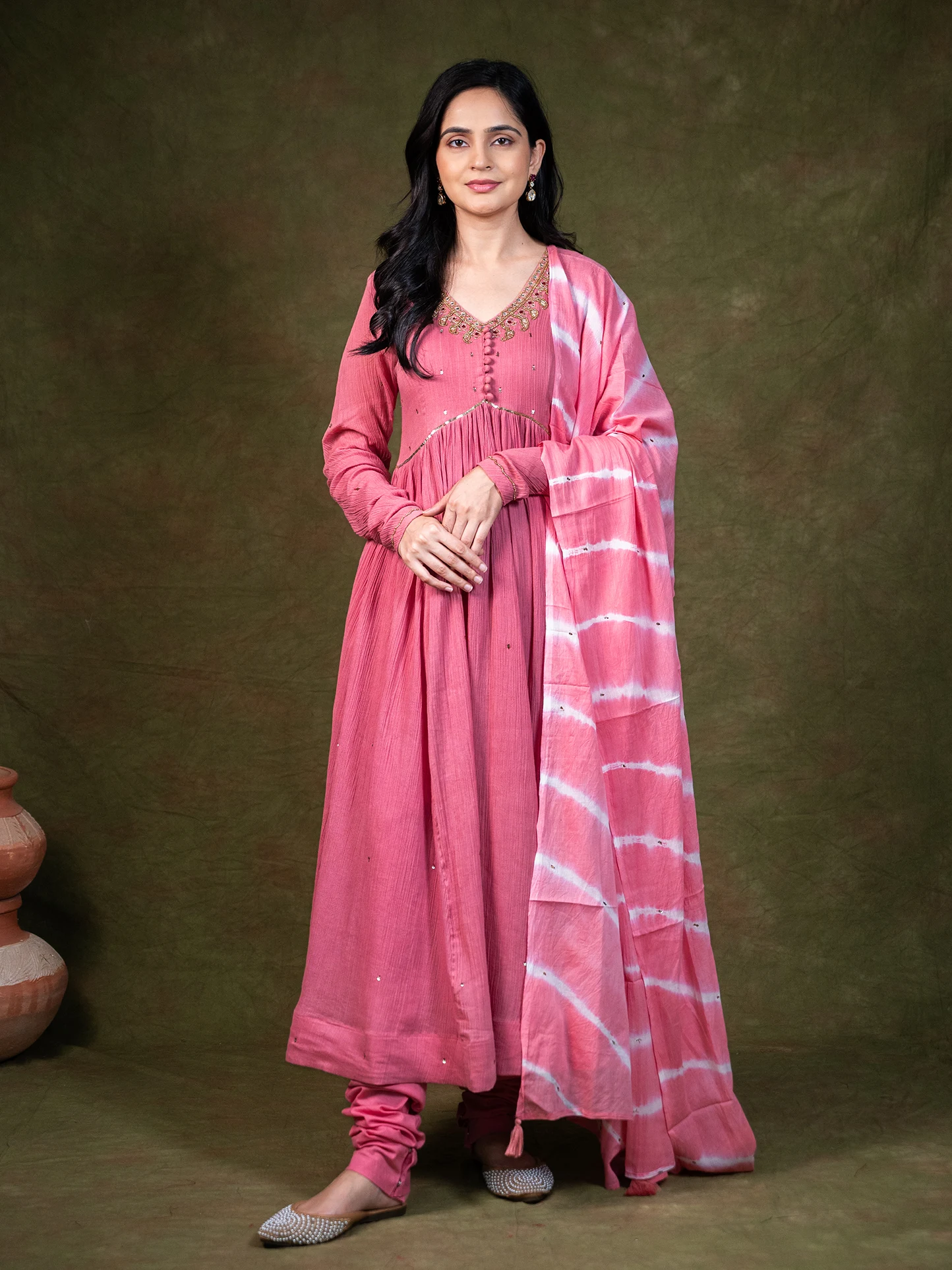 Peach Pink  Anarkali Kurta Set with Lehriya Dupatta