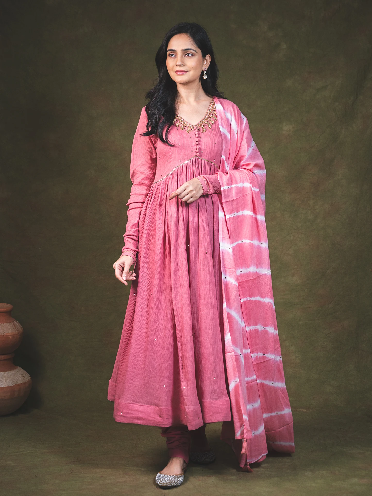 Peach Pink  Anarkali Kurta Set with Lehriya Dupatta