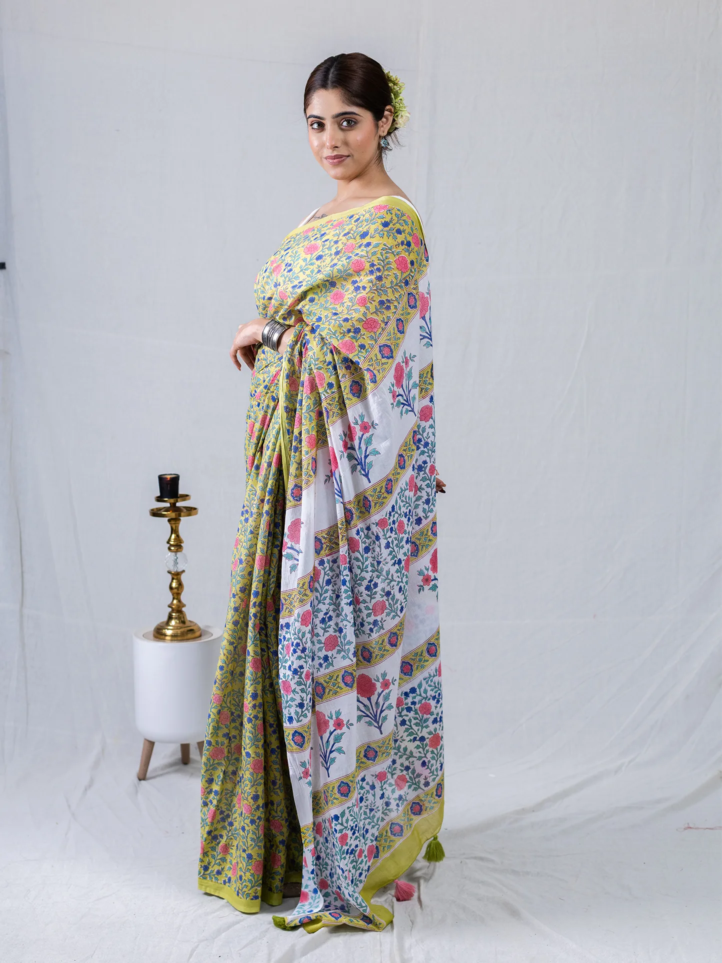 Lime Bloom Mul Cotton Saree
