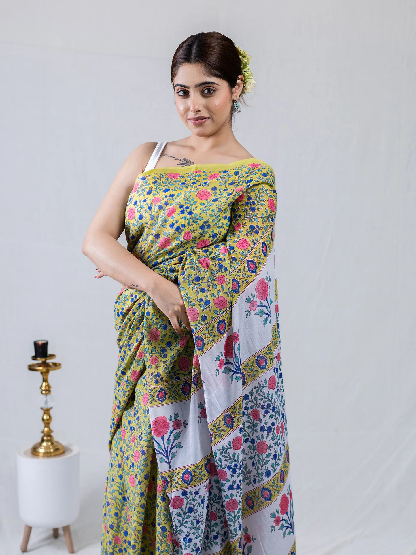 Lime Bloom Mul Cotton Saree