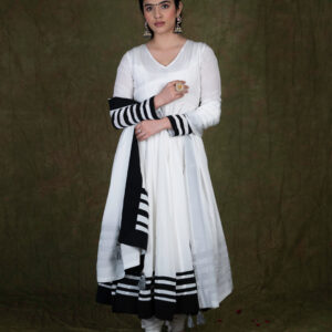 White and Black Anarkali Churidar Dupatta Set