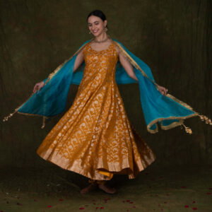 Yellow Banarasi Silk Anarkali Set with Blue Organza Dupatta