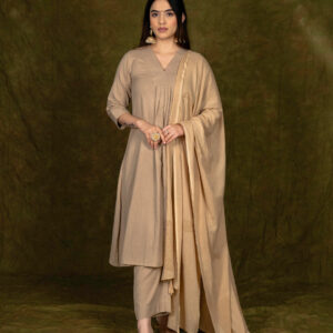 Camel Beige Kurta Set with Hand Block Printed Dupatta