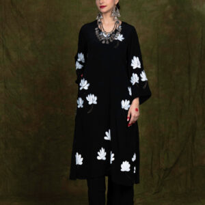 Black Handpainted Kurta Set with Organza Dupatta